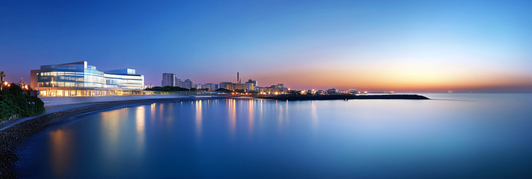 Vista panor&aacute;mica de una ciudad costera al amanecer, reflejo en el agua.