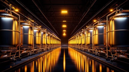 Fototapeta premium Professional depiction of an old chemical storage warehouse, barrels of fertilizer aligned symmetrically, illuminated by soft, industrial lighting