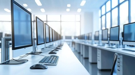 Quality Assurance Testing Monitoring Modern office space with computer monitors.