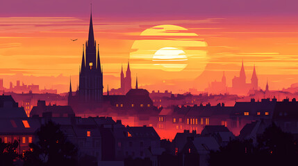 Naklejka premium Cityscape with sunset and a church spire. Twilight Spire. Illustration