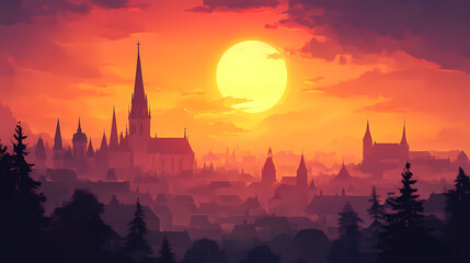 Fototapeta premium Cityscape with sunset and a church spire. Twilight Spire. Illustration