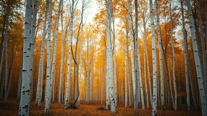 Fototapeta premium Golden Leaves and White Birch Trunks