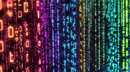 Binary code flowing like liquid streams over a glass surface, reflecting colorful neon lights, macro shot, abstract digital art, ultra-detailed