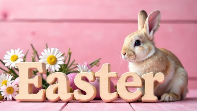 A rabbit sits beside the word "Easter" and daisies on a pink surface. Concept of Easter cuteness.