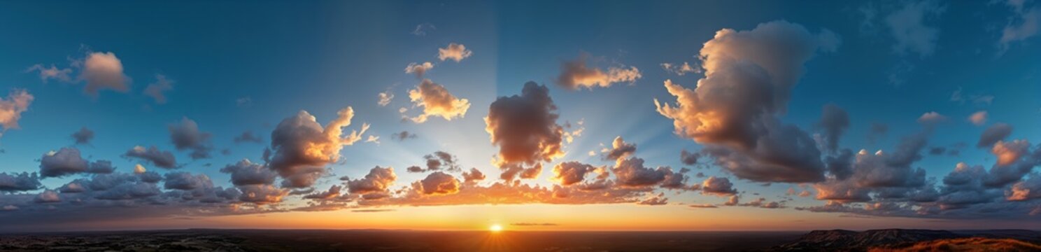 Stunning sunset panorama view over vast landscape. Colorful sky filled with beautiful clouds. Golden light paints clouds at horizon. Aerial shot of sunset scenery. Perfect for 3D graphics. Great for
