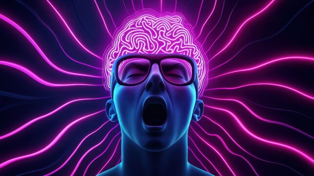 Neon Light Human Head with Brain Emitting Colorful Waves in Dark Space