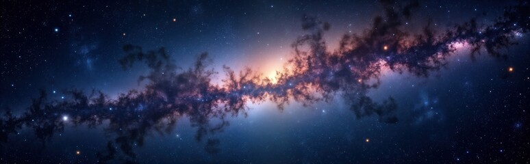 Fototapeta premium Vast starry night sky panorama shows cosmic nebulae. Abstract universe scene with glowing galaxy, stars. Colorful space elements in galaxy. Deep space view. Dark cosmos with bright stars. Majestic