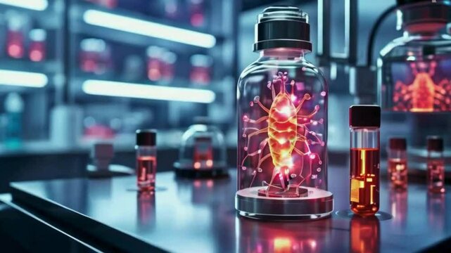 Laboratory Bottles with Glowing Substance

