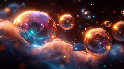 Iridescent bubbles floating in luminous space, cosmic wonder