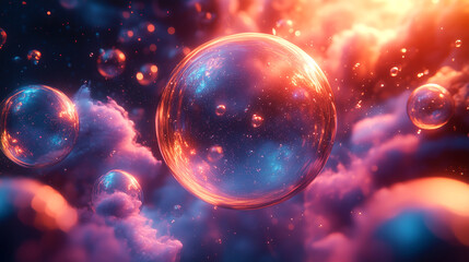 Fototapeta premium Iridescent bubbles drifting in radiant space, vibrant universes
