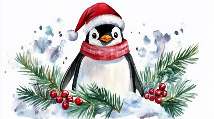 Charming Watercolor Penguin in Santa Hat, Festive Winter Scene