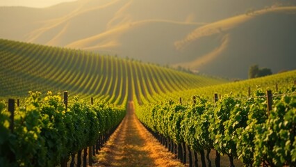 Fototapeta premium Verdant Vineyard Rows in Sunset Hues