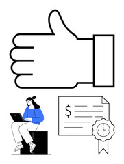Obraz premium Thumbs-up hand gesture, woman sitting with laptop, diploma certificate with ribbon. Ideal for themes of approval, achievement, education, certification, success, recognition online learning