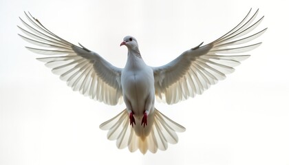 Fototapeta premium White dove flies freely in clear sky. Wings spread wide. Symbol of peace, love. Perfect image for wedding nature. Capture beauty of freedom in flight. Beautiful bird in pure sky. Majestic moment.