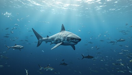 Naklejka premium Majestic great white shark gliding in open water fish fleeing in fear
