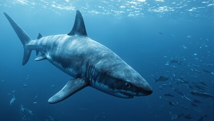 Naklejka premium Majestic great white shark gliding in open water fish fleeing in fear