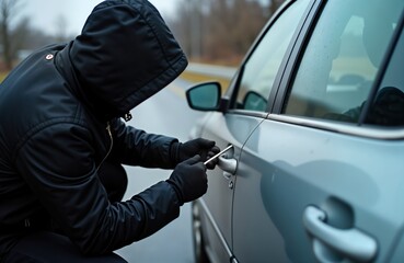 Man in black hooded jacket uses screwdriver to break car lock. Crime in progress. Urban scene. Street theft. Dangerous situation. Thief, vehicle. Security issue. Vehicle burglary. Criminal activity.