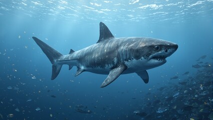 Fototapeta premium Majestic great white shark gliding in open water fish fleeing in fear