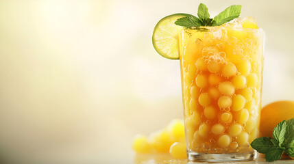 Refreshing citrus beverage with spherical fruit pieces and ice, garnished with lime and mint.