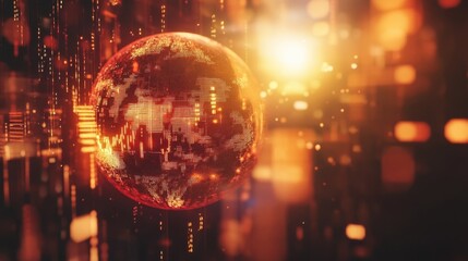 A pulsating sphere of energy that represents AI casting a radiant light over floating holograms of stock tickers and economic indicators.