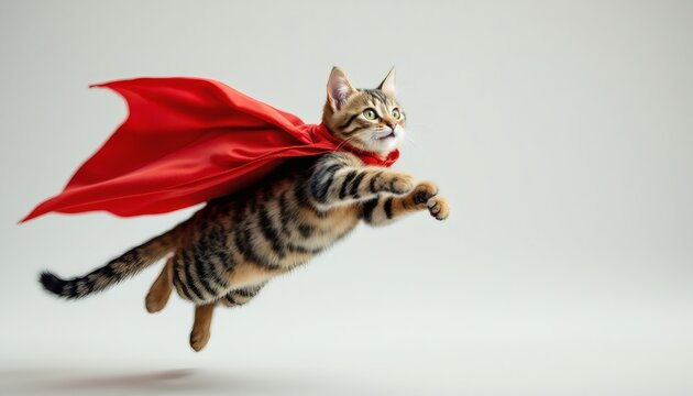 Flying Superhero Cat in Red Cape Amazing Pet Photo