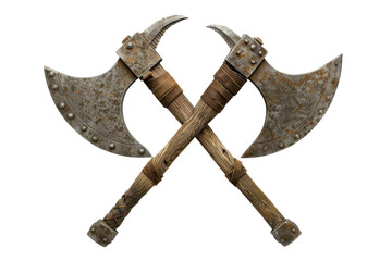 Crossed battle axes resting on a white backdrop, showcasing intricate details and rustic charm of ancient weaponry isolated on transparent background