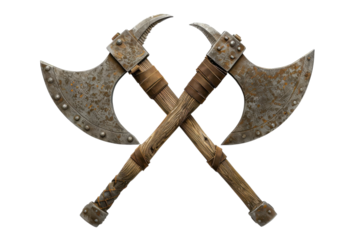 Crossed battle axes resting on a white backdrop, showcasing intricate details and rustic charm of ancient weaponry isolated on transparent background