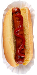 Hot Dog in bun with Ketchup on a white paper tray