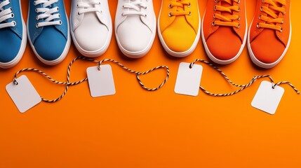 Sneakers, workout gear with discount tags, energetic sale vibe