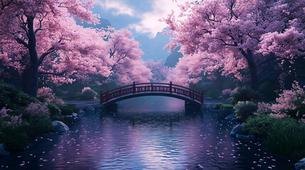 Fototapeta premium Serene cherry blossom garden with a wooden bridge over tranquil water, peaceful nature scene
