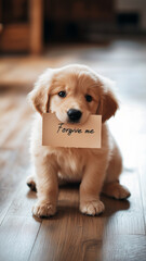 Cute golden labrador puppy with nice eyes, sitting on a wooden floor, holding a small sign in its mouth that says "Forgive me". Perfect expression of guilt and cuteness combined with retriever.