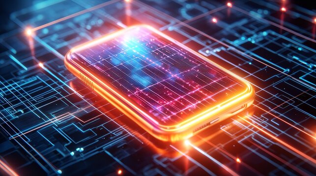 Solar power bank ad template, dark tech background with light accents on device, bold area for product name and specs, futuristic and impactful