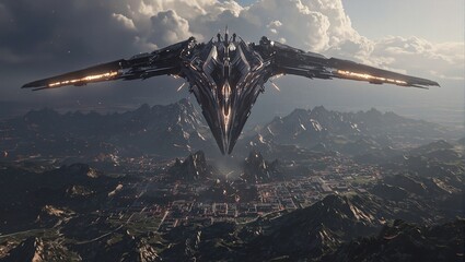 Naklejka premium Massive spaceship descending towards glowing colony on distant planet