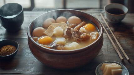 土鍋で温かく提供されるおでんが醸し出す冬の和風食卓