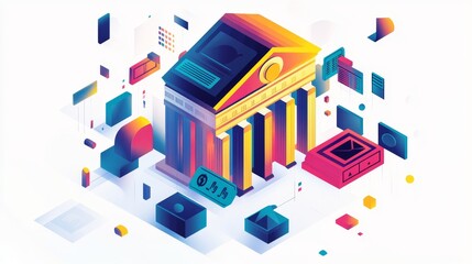 Financial business money concept banner design illustration background with icons, geometric shapes and vibrant colors.  Finance ideas composition greeting cards for social media presentation and ads