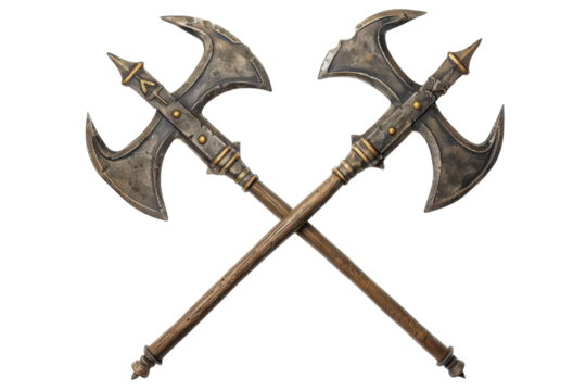 Intricately designed double-headed axes crossed elegantly against a clean backdrop, showcasing ancient craftsmanship and artistry isolated on transparent background