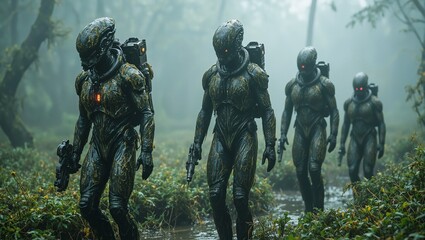 Fototapeta premium Alien explorers in glowing moss covered suits navigate misty alien swamps