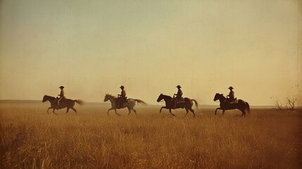 Vector silhouette of some cowboys riding horses in the meadow