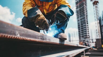 A close-up of a construction worker welding steel beams at a skyscraper construction site, Steel beam welding scene, Structural integrity style