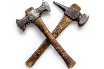 Crossed handmade axes resting on a white surface, showcasing craftsmanship and traditional tool design isolated on transparent background