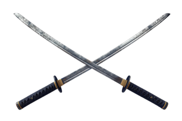 Two beautifully crafted swords crossed elegantly against a white backdrop, showcasing intricate designs and historical craftsmanship isolated on transparent background