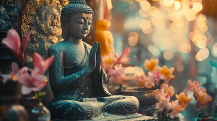 Buddha figure amidst rich cultural artifacts, dreamy atmosphere with soft focus lighting, pastel and warm tones, impressionist painting style