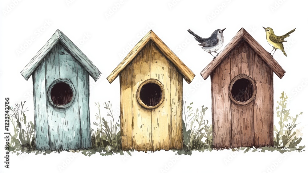 Wall mural Bird box sketch. Hand made birdhouse drawings. Wooden house for animals vector illustration. NOT AI generated 