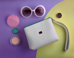 ensemble d'objets féminins, sac blanc, poudrier, lunettes avec des couleurs pop en ia