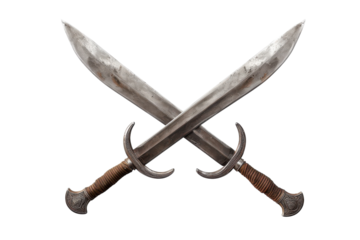 Intricately crafted swords crossed in an artistic display, showcasing timeless craftsmanship and historical significance isolated on transparent background