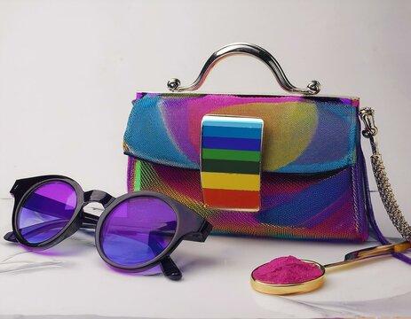 ensemble d'objets f&eacute;minins, sac, poudrier, lunettes avec des couleurs pop en ia