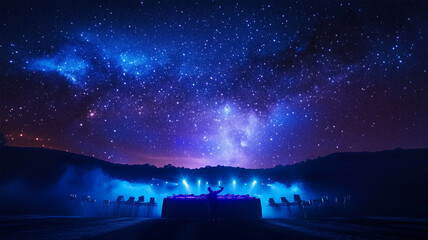 夜空を背にした屋外ステージでパフォーマンスするDJの遠景