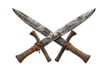 Ancient battle-ready swords crossed gracefully on a clean background, symbolizing strength and history, evoking tales of warriors and valor isolated on transparent background