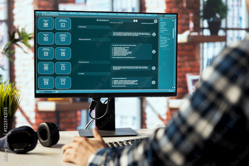 Poster teleworking man using artificial intelligence gpt trained on textual data to understand and produce 
