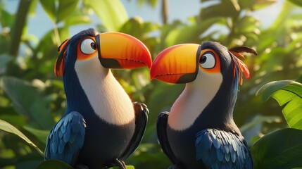 Fototapeta premium Two vibrant toucans engaging in a curious interaction amidst lush tropical foliage, showcasing nature's beauty